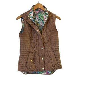 Lilly Pulitzer Quilted Puffer Vest, Tan w/  Pink Aqua & Green Paisley Lining
